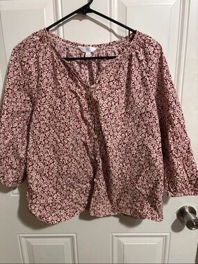 Time and Tru Burgundy and Cream Floral Button-Up Blouse